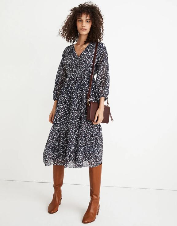 Madewell Dresses & Skirts - NEW Madewell Tie Waist Midi Dress in Harvest Deep Navy Vine Size XS